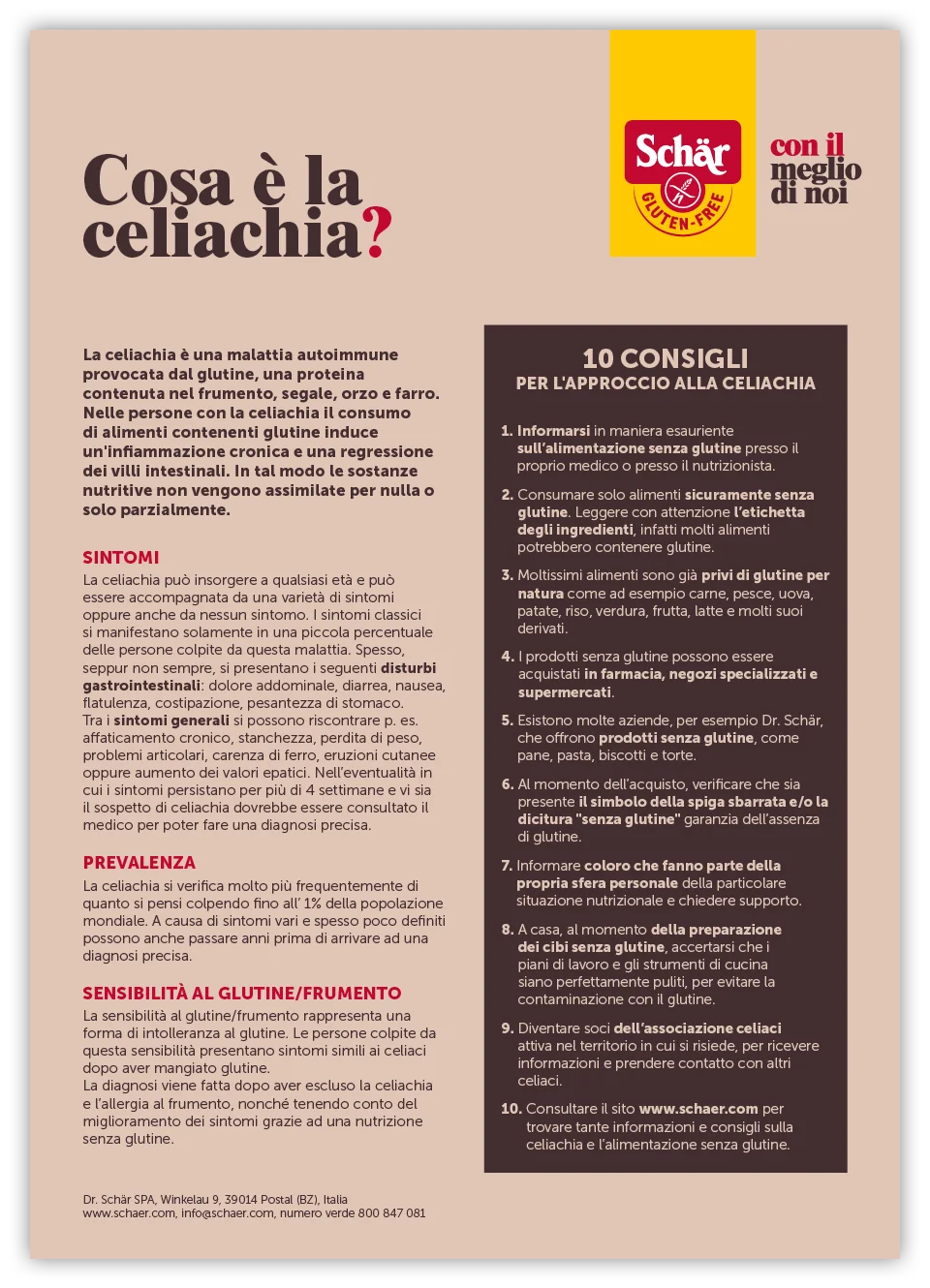 Volantino informativo sulla celiachia con consigli, tra cui sintomi e suggerimenti per la prevenzione