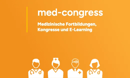 Logo und Text für med-congress mit Fokus auf medizinische Fortbildung, Kongresse und E-Learning auf orangefarbenem Hintergrund
