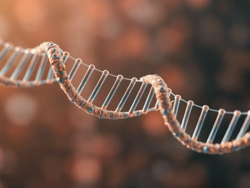 Un primer plano de una hebra de ADN girando frente a un fondo naranja desenfocado, destacando su estructura molecular