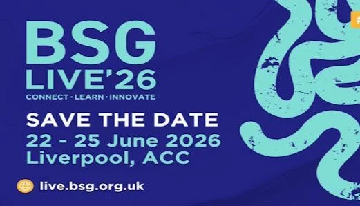 Event announcement for BSG Live'26 in Liverpool, featuring dates and a vibrant blue background with abstract designs