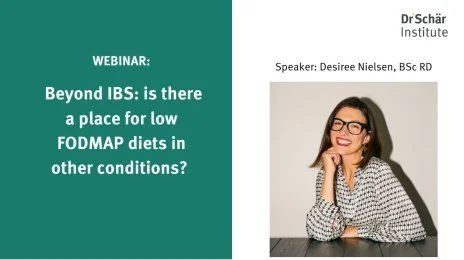Webinar announcement featuring Desiree Nielsen discussing low FODMAP diets for conditions beyond IBS