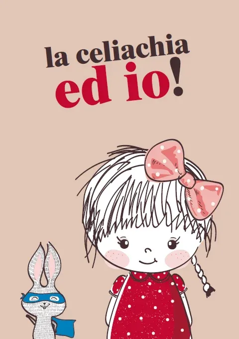 Una ragazza con un fiocco sorride accanto a un coniglio con una maschera blu, design giocoso su sfondo beige