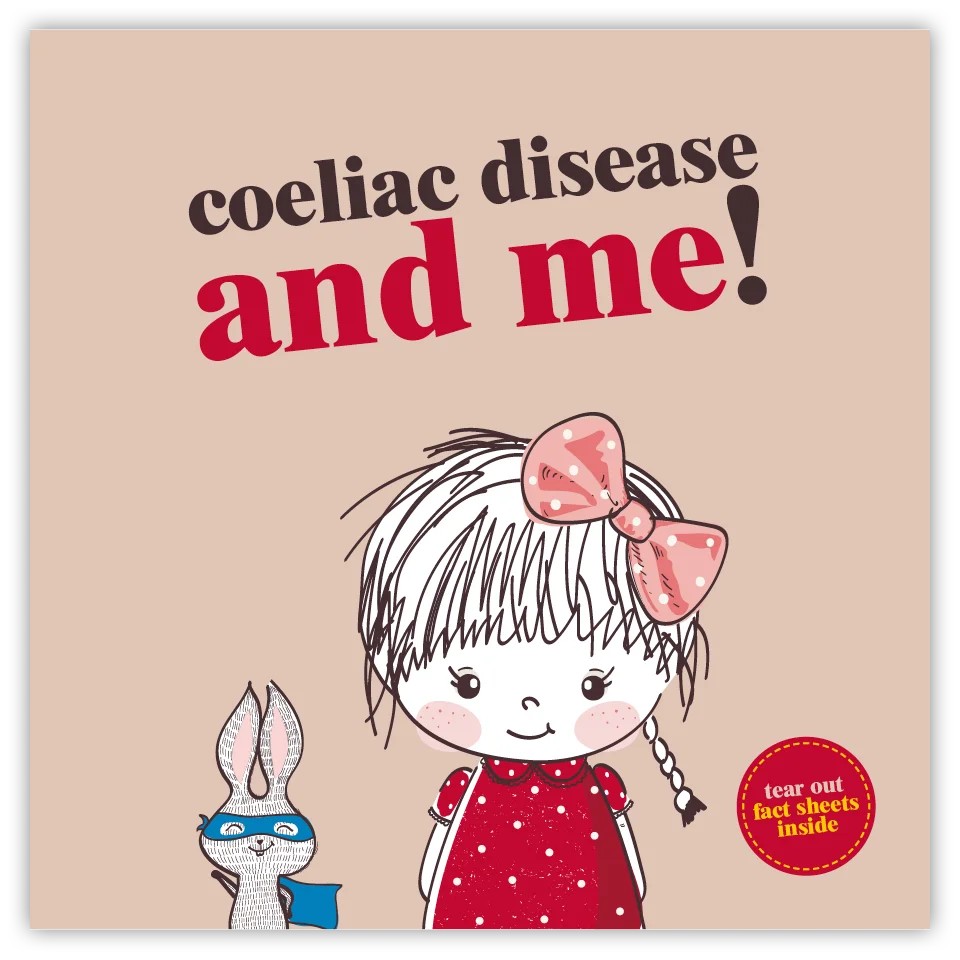 A book cover featuring a girl with a bow and a rabbit, discussing coeliac disease