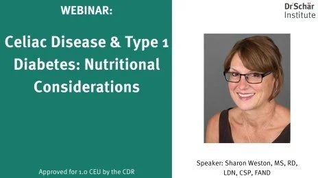 Webinar title about Celiac Disease and Type 1 Diabetes with speaker Sharon Weston, a woman with glasses