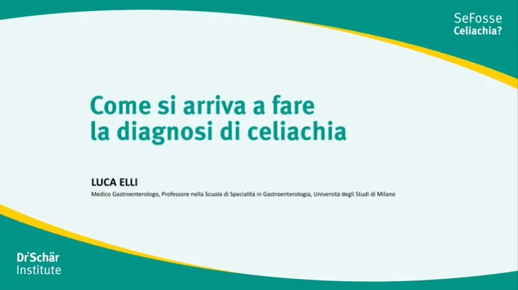 Titolo sulla diagnosi della celiachia con nome e credenziali del relatore su uno sfondo colorato