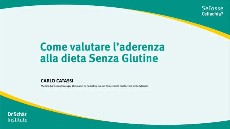 Diapositiva di presentazione su come valutare l'aderenza alla dieta senza glutine con nome e qualifiche del relatore