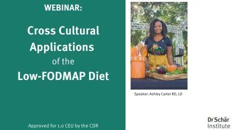 Webinar title on Cross Cultural Applications of the Low-FODMAP Diet with speaker Ashley Carter RD, LD