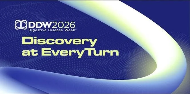 Text reads 'DDW 2026 Digestive Disease Week' with 'Discovery at Every Turn' on a blue background with curved lines