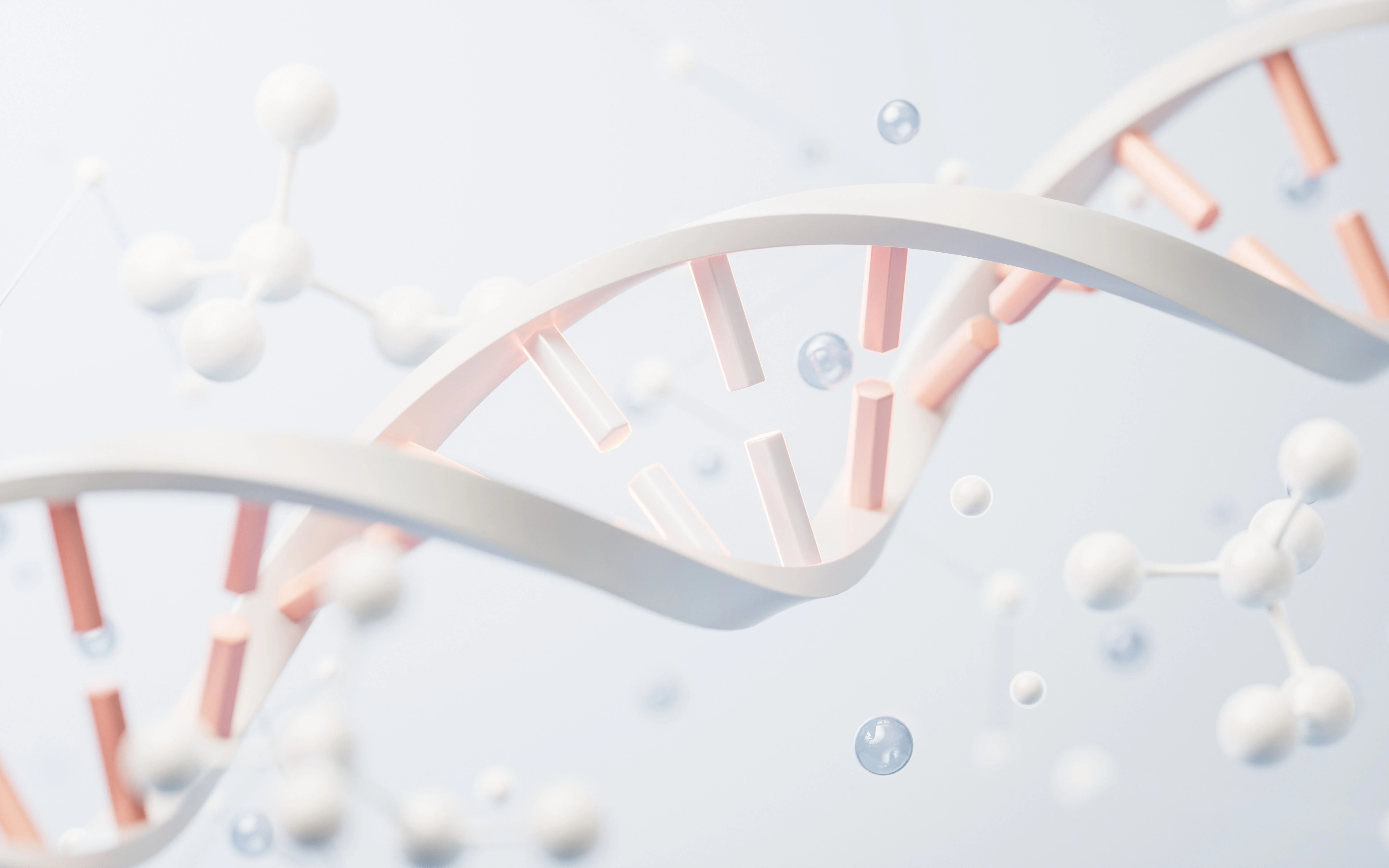 Hélice de ADN colorida con estructuras moleculares flotando en un fondo claro