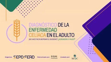 Gráfica sobre el diagnóstico de la enfermedad celíaca en adultos, cuestionando la necesidad de biopsia, símbolo de trigo