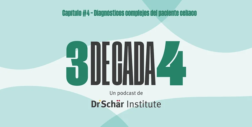 Portada del episodio del podcast con el título '3 DECADAS 4' y subtítulo sobre diagnósticos celíacos