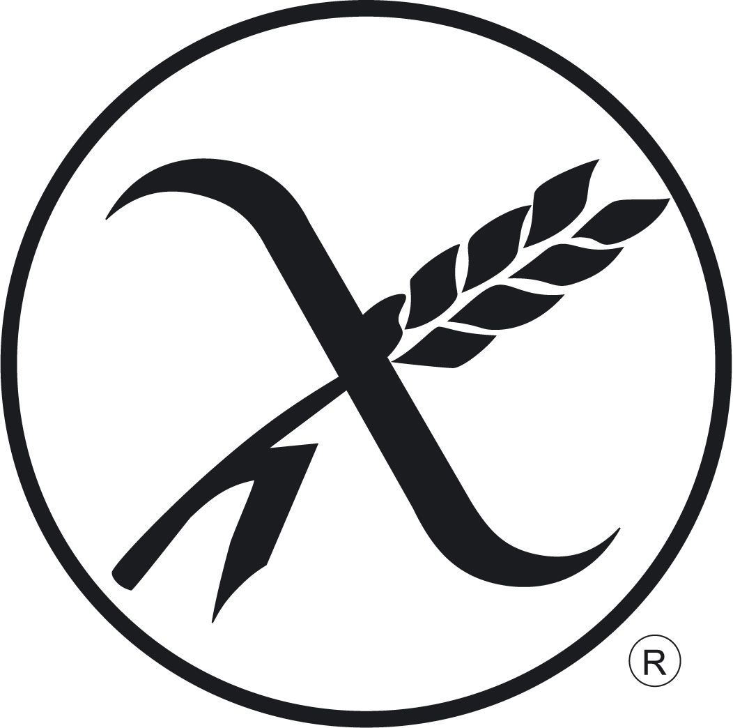 Un símbolo estilizado de 'X' cruzado con un espiga de trigo dentro de un borde circular, indica certificación sin gluten