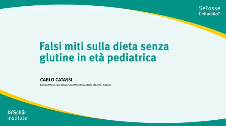 Diapositiva di presentazione che discute i miti sulla dieta senza glutine nei bambini, con testo in grassetto e loghi