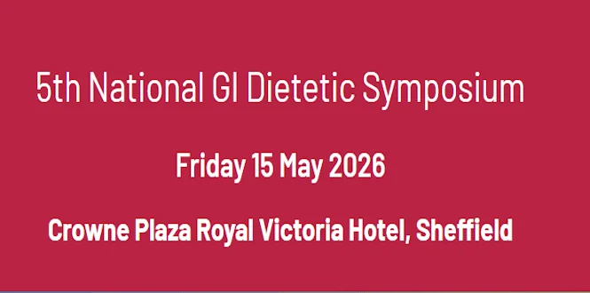 Event announcement for the 5th National GI Dietetic Symposium at Crowne Plaza Royal Victoria Hotel, Sheffield