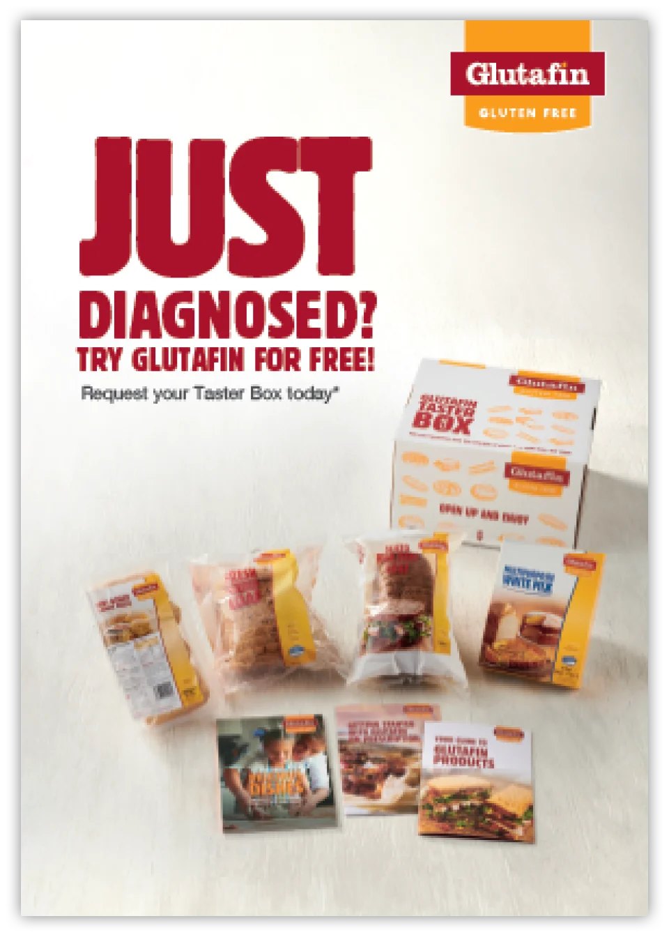 Promotional material for Glutafin gluten-free products, featuring a Taster Box and various food items