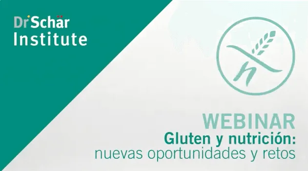 Gráfica en tonos verde y blanco con un tema de webinar sobre gluten y detalles importantes del evento