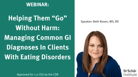 Webinar announcement featuring speaker Beth Rosen on managing GI diagnoses in clients with eating disorders