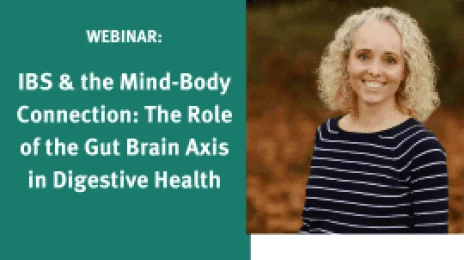 Webinar announcement on IBS and the Mind-Body Connection with a smiling woman in a striped shirt against a nature backdrop