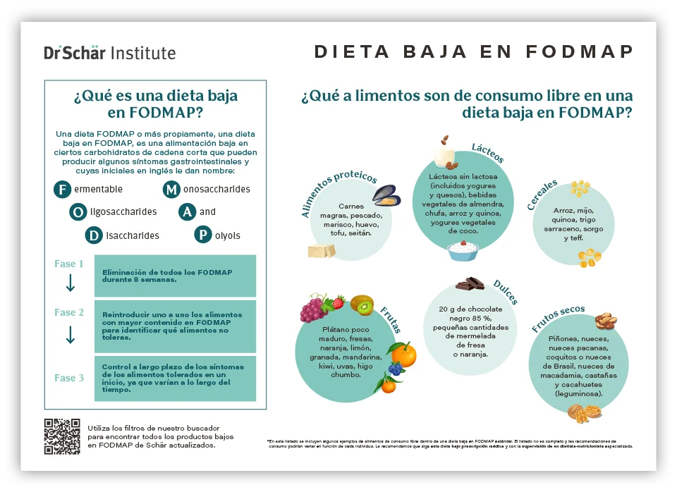 Cartel informativo sobre la dieta baja en FODMAP con pasos y alimentos permitidos, gráficos coloridos y diseño claro