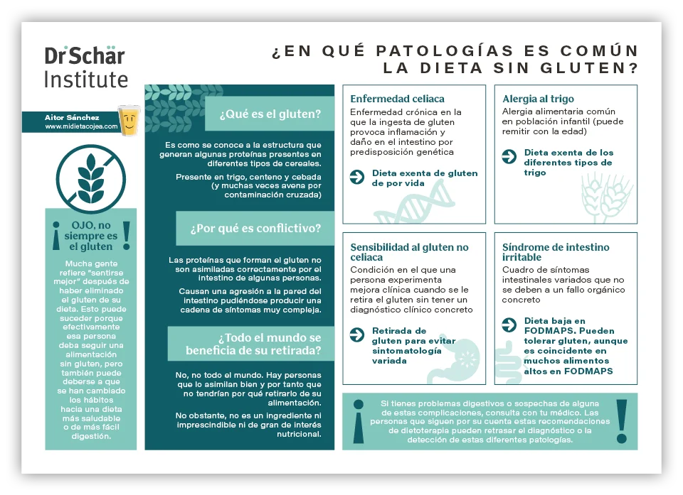 Infografía que explica el gluten, sus conflictos y los impactos dietéticos en diversas condiciones de salud