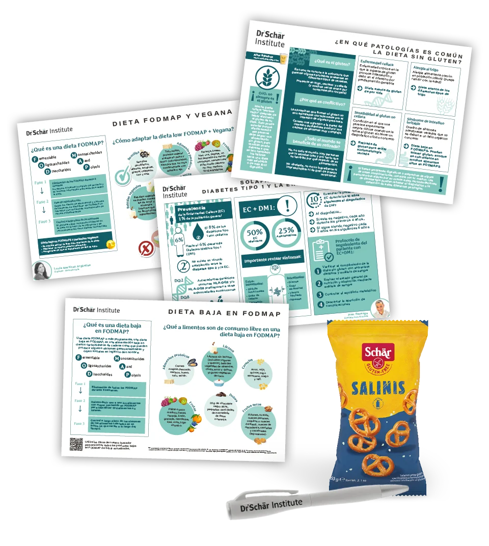 Guías dietéticas sobre FODMAP y dietas veganas, junto a un paquete de snacks Salinis del Instituto Dr. Schär