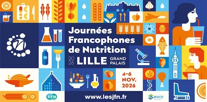 Collage coloré promouvant les Journées Francophones de Nutrition à Lille, avec des icônes variées de nourriture