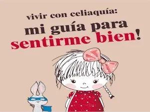 Una niña sonriente con un lazo está junto a un conejo de dibujos animados, promoviendo una guía para vivir con celiaquía