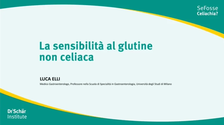 Slide di presentazione sulla sensibilità al glutine di Luca Elli, con sfondo turchese e accenti gialli