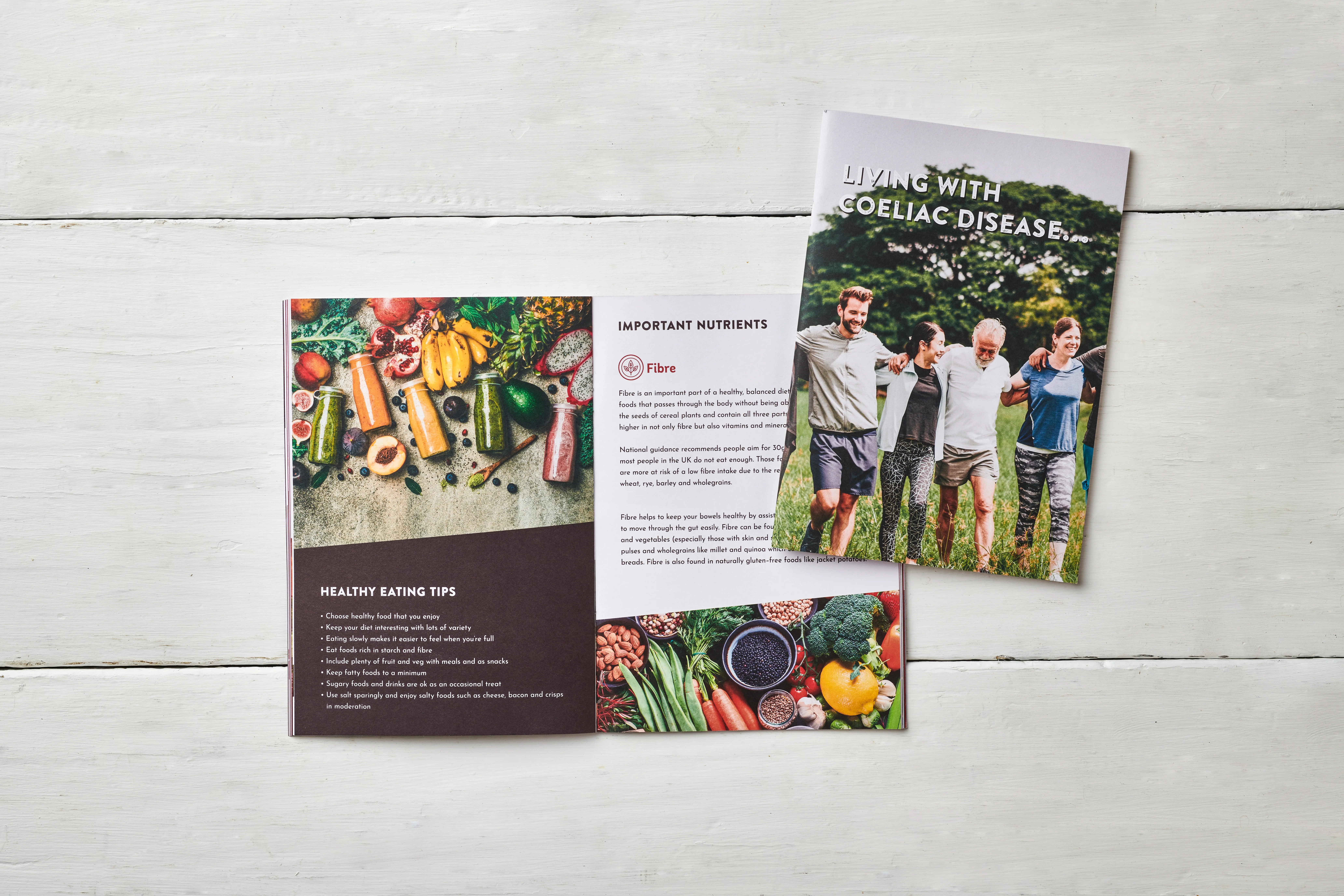 Healthy eating brochure featuring colorful fruits, vegetables, and people enjoying outdoor activities together