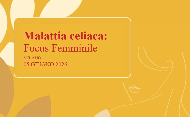 Tessera informativa per una conferenza sulla celiachia al femminile, con sfondo floreale e dettagli su data e luogo