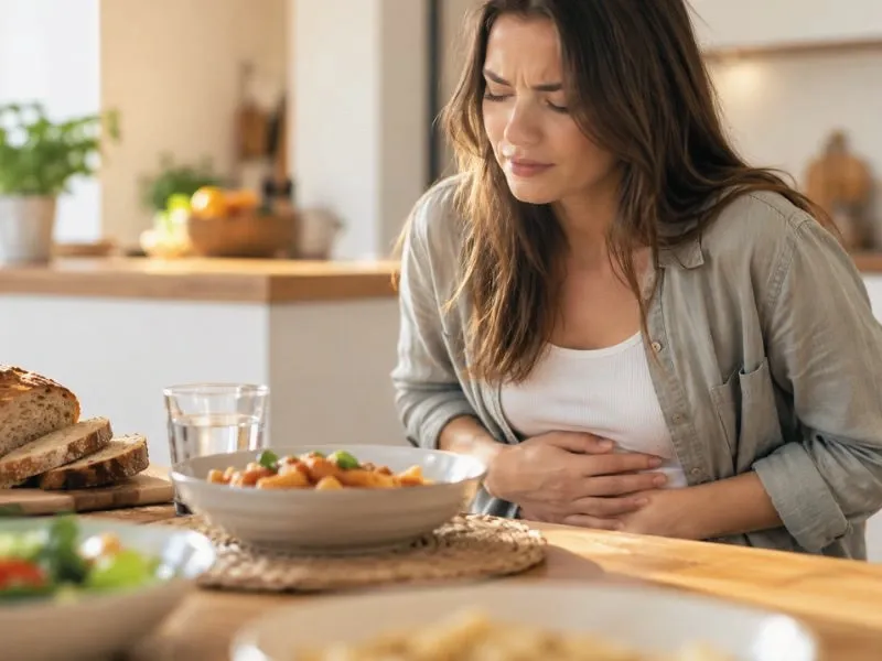 Mujer comiendo macarrones con dolor de tripa