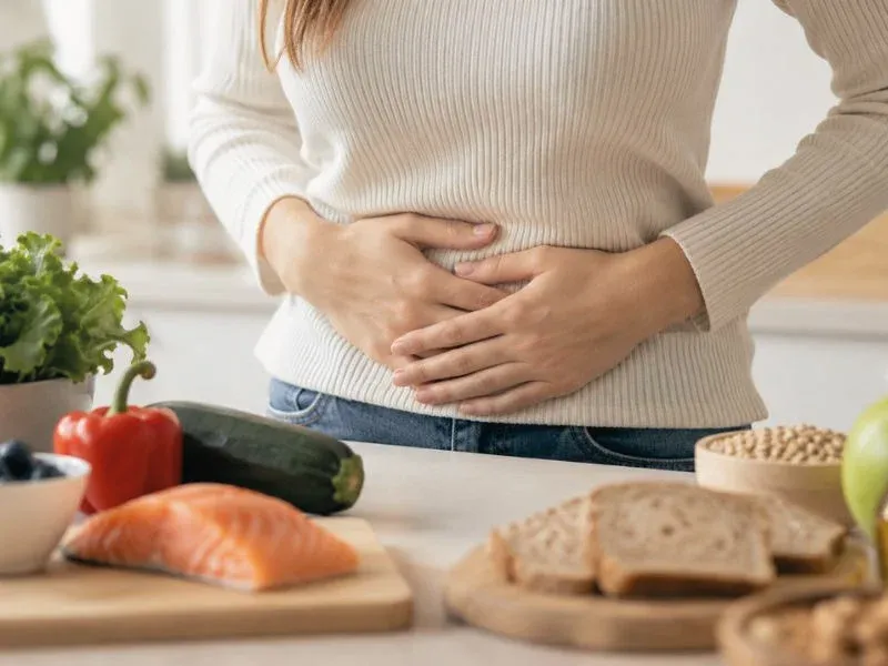 Mujer sosteniendo su estómago con incomodidad mientras rodeada de verduras frescas y salmón en una encimera