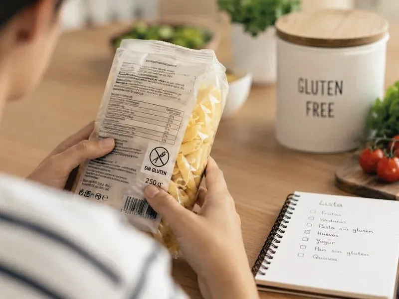 Una persona revisa un paquete de pasta sin gluten en una mesa de madera, con verduras frescas y un bloc de notas cerca