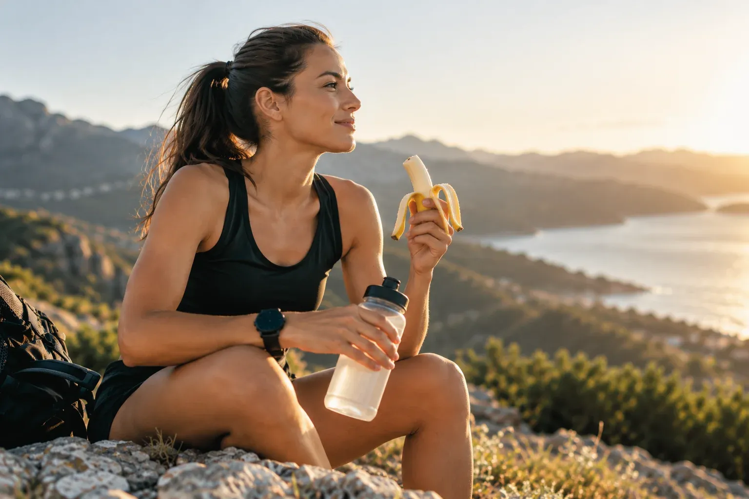 Mujer deportista comiendo un plátano