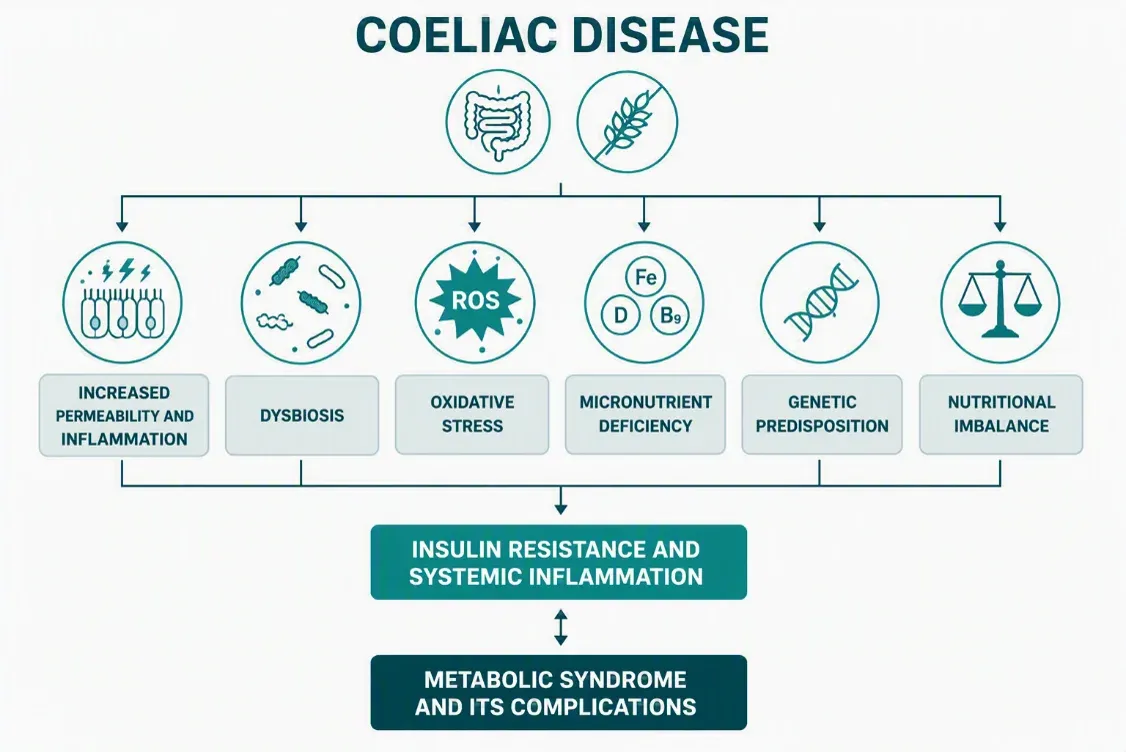 Infographic illustrating connections between coeliac disease, inflammation, nutrient deficiencies, and metabolic syndrome