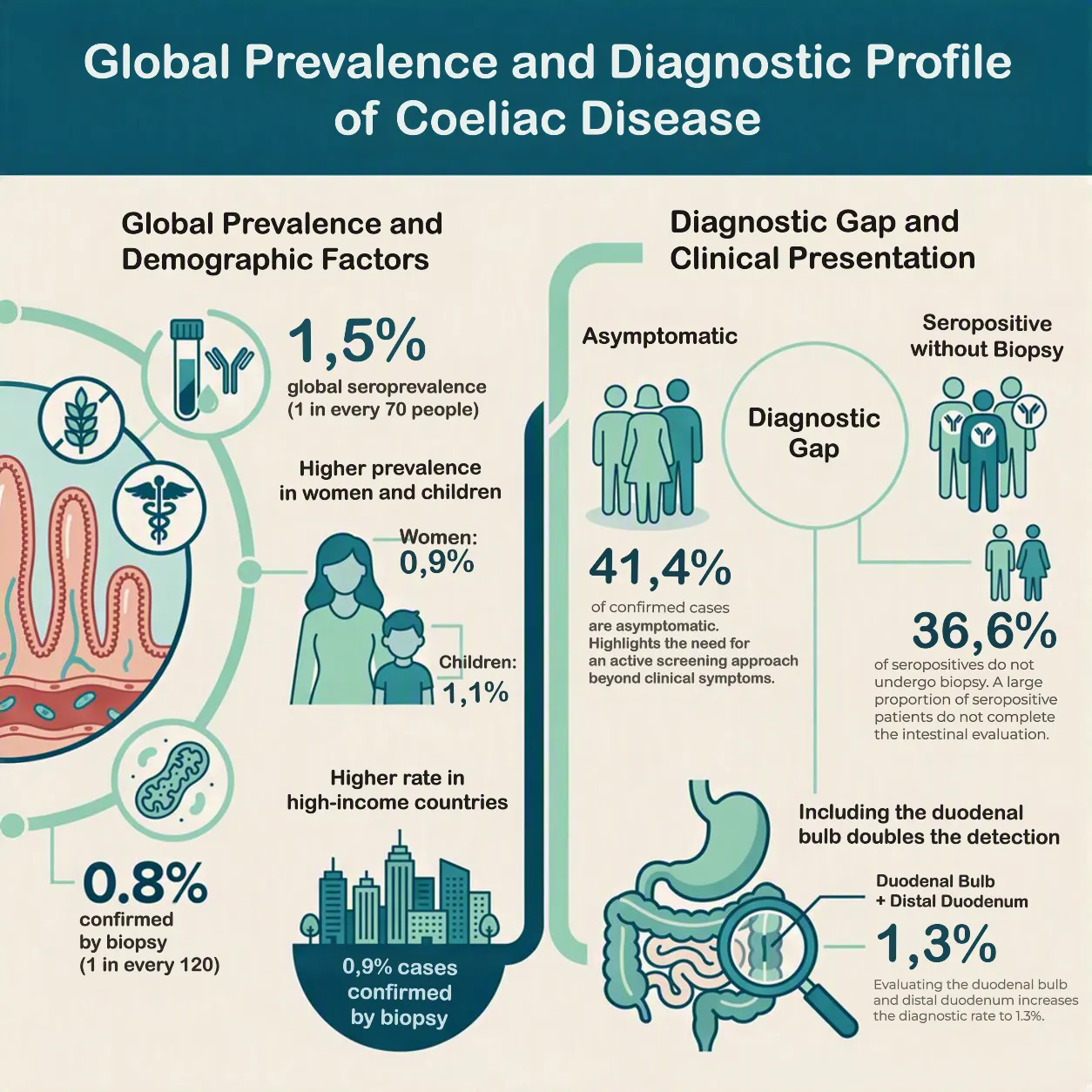 Infographic detailing global prevalence and diagnosis of coeliac disease, focusing on seroprevalence rates and diagnostic gaps