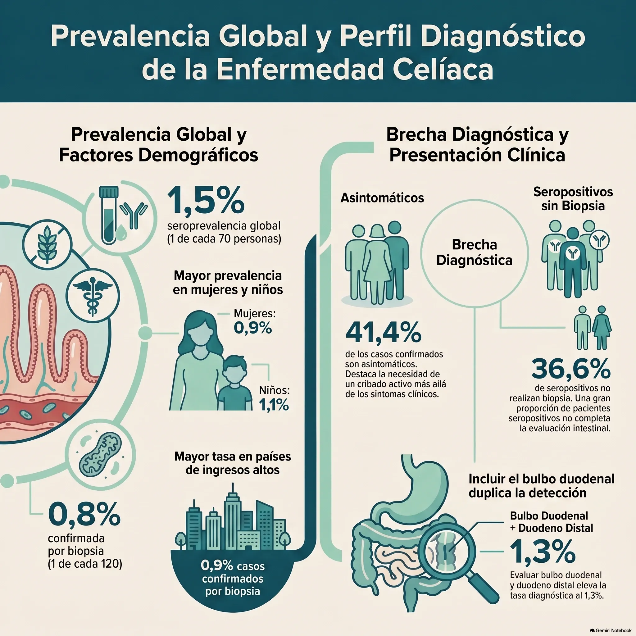 Infographic detailing global prevalence and diagnostic profile of celiac disease, highlighting demographic statistics and clinical findings