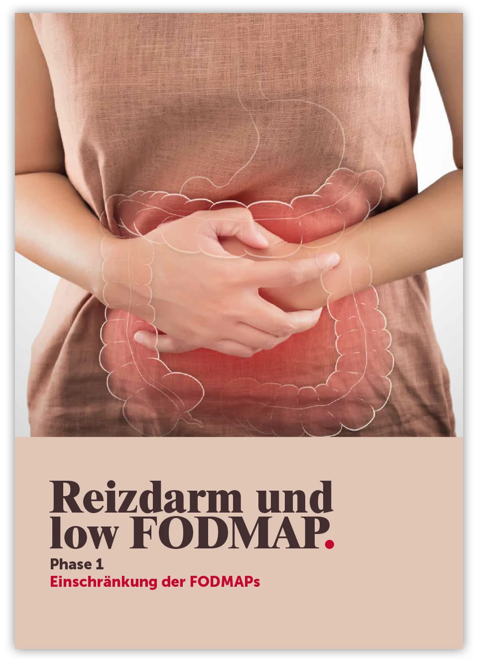 Eine Person hält ihren Bauch und zeigt Unbehagen, mit einer Grafik von Därmen im Hintergrund