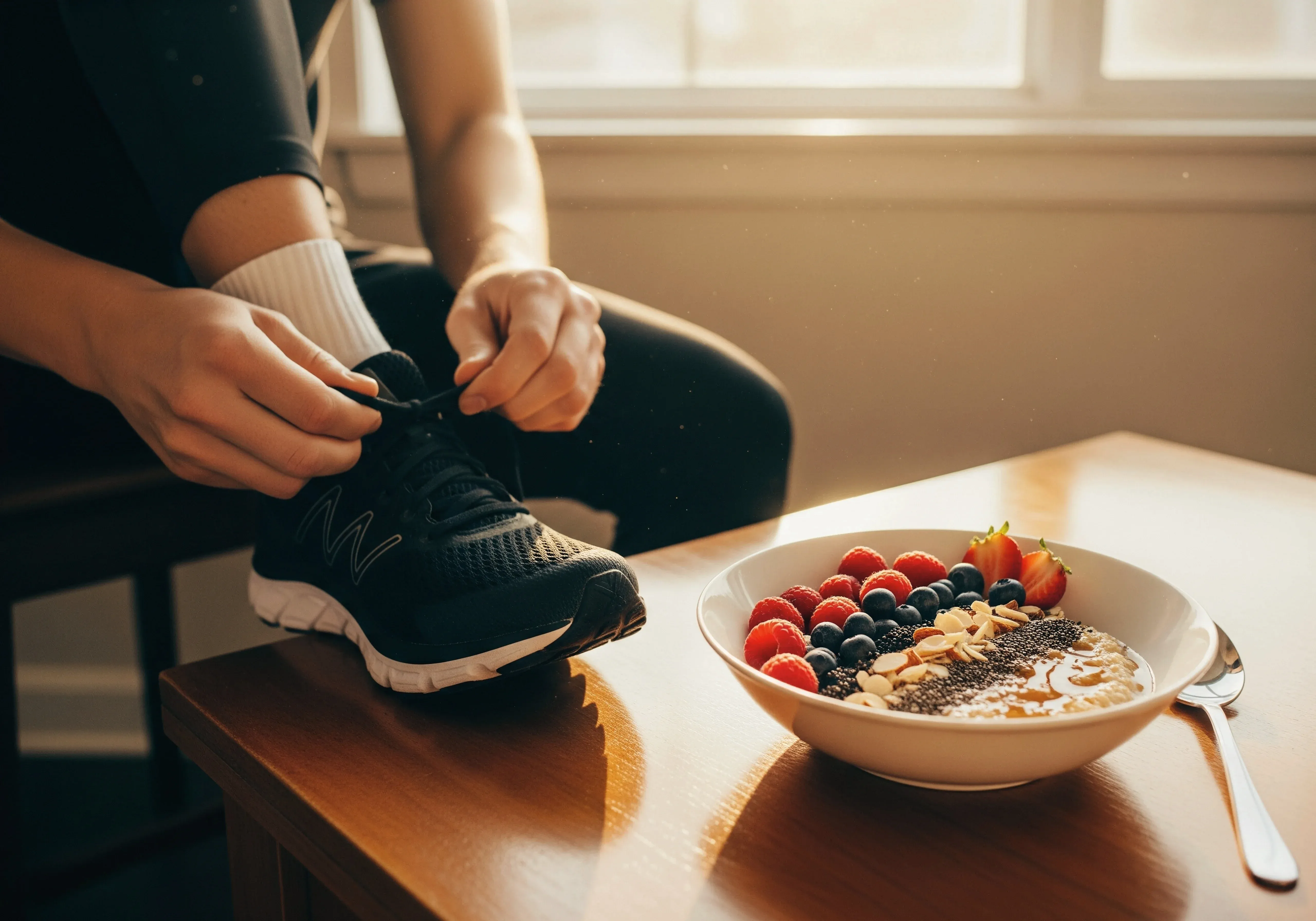 A person ties their shoelaces while seated at a table with a bowl of fruit and oats in natural light