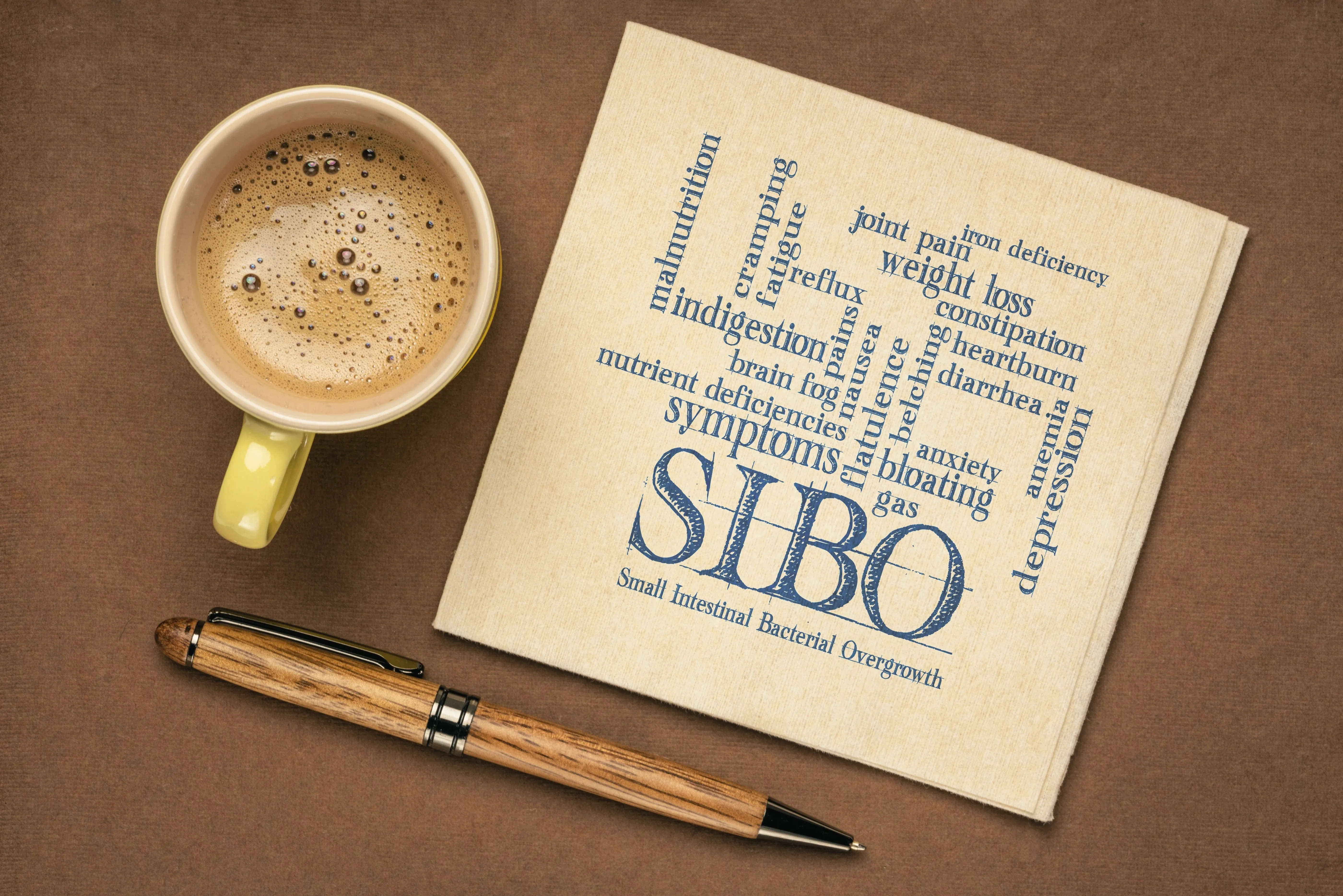 Una taza amarilla de café junto a un bloc de notas con SIBO y términos de salud relacionados impresos en azul