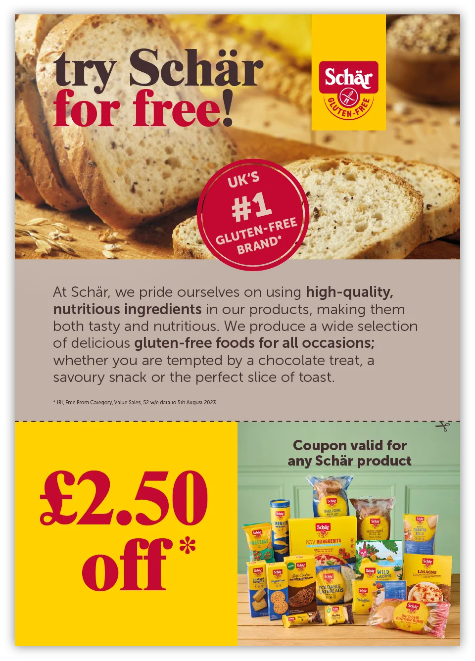 Promotional flyer for Schär featuring gluten-free products and discount coupon