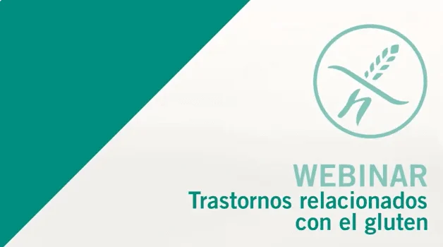 Webinar sobre trastornos relacionados con el gluten con logo verde y símbolo de trigo