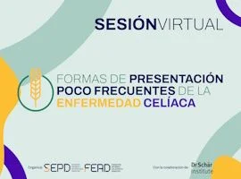 Anuncio colorido de sesión virtual sobre formas poco frecuentes de la enfermedad celíaca, con ícono de trigo