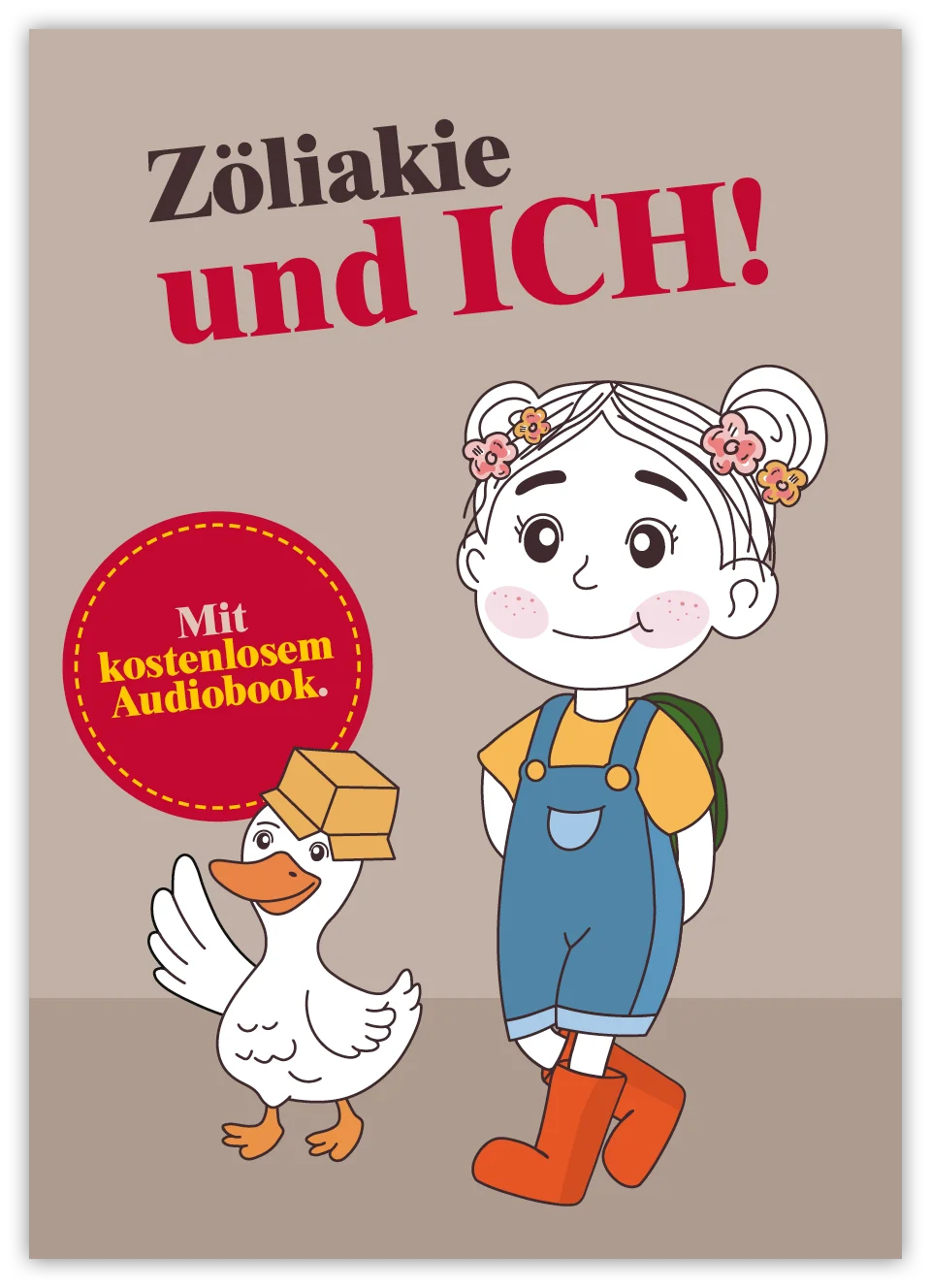 Ein junges Mädchen mit einem Rucksack steht neben einer cartoonhaften Ente, beide lächeln. Titel erwähnt Zöliakie