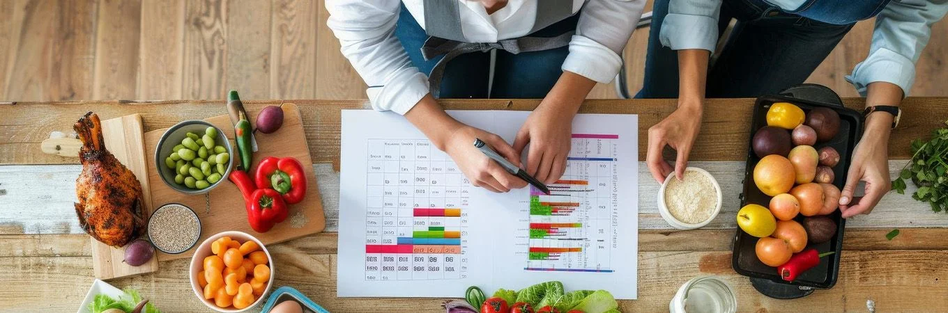Mesa con alimentos y una persona planificando la dieta