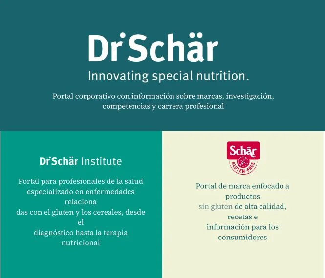 Portal corporativo de Dr. Schär centrado en nutrición especial e información sobre la salud relacionada con el gluten