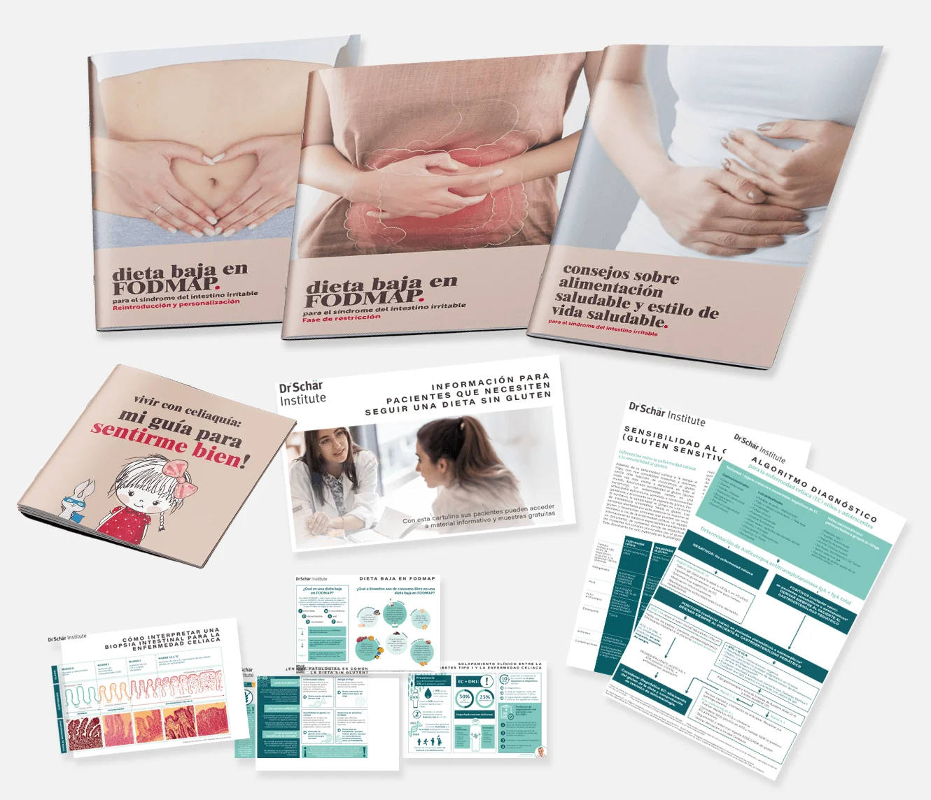 Guías dietéticas sobre FODMAP y sensibilidad al gluten con ilustraciones, datos de investigación y consejos de salud