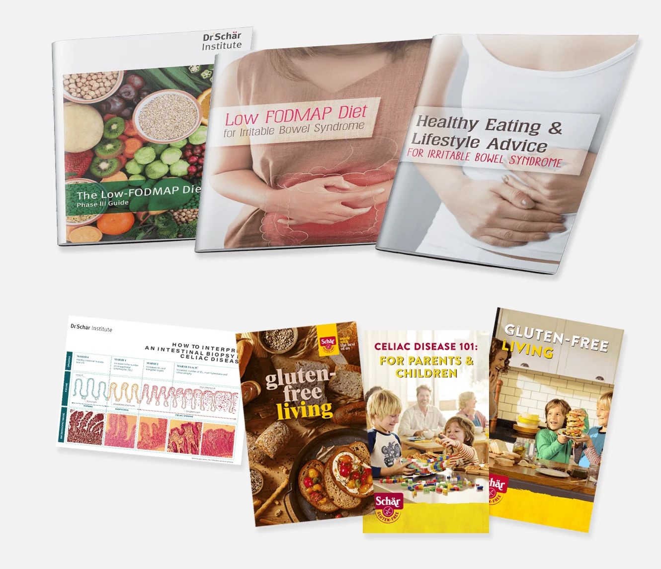 Several health guides on dietary management for IBS and celiac disease, featuring colorful covers and images
