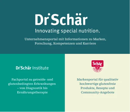 Interfaccia web con il logo Dr. Schär e sezioni su nutrizione speciale e disturbi legati al glutine
